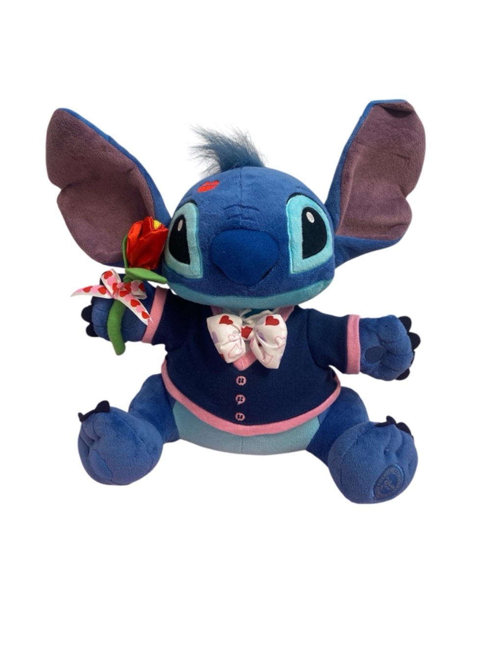 Disney Blue Stitch Plush in Navy Outfit with Pink Accents and Red Rose